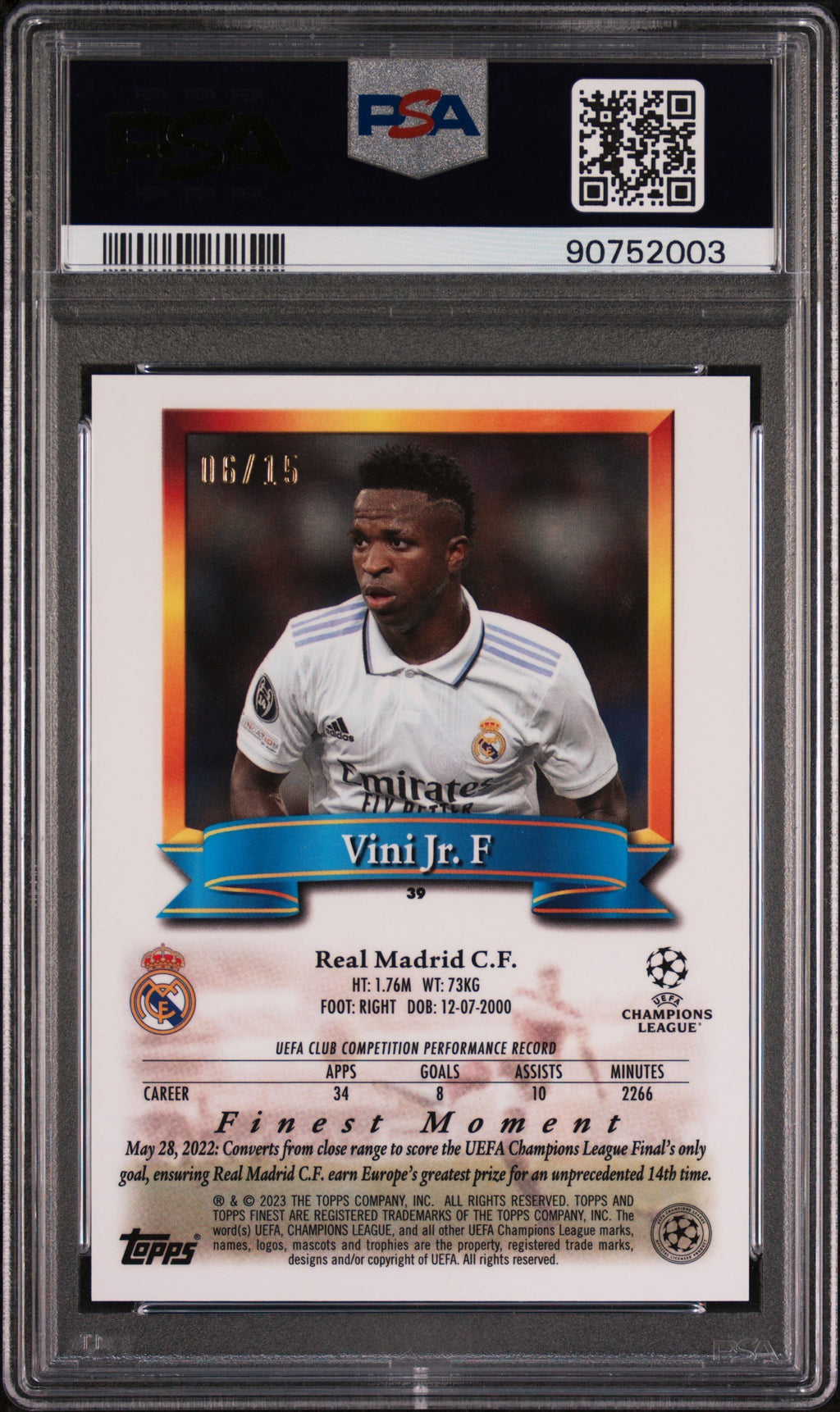 Vini Jr. 2022-23 Topps Finest Flashbacks #39 Purple Refractor /15 PSA 10
