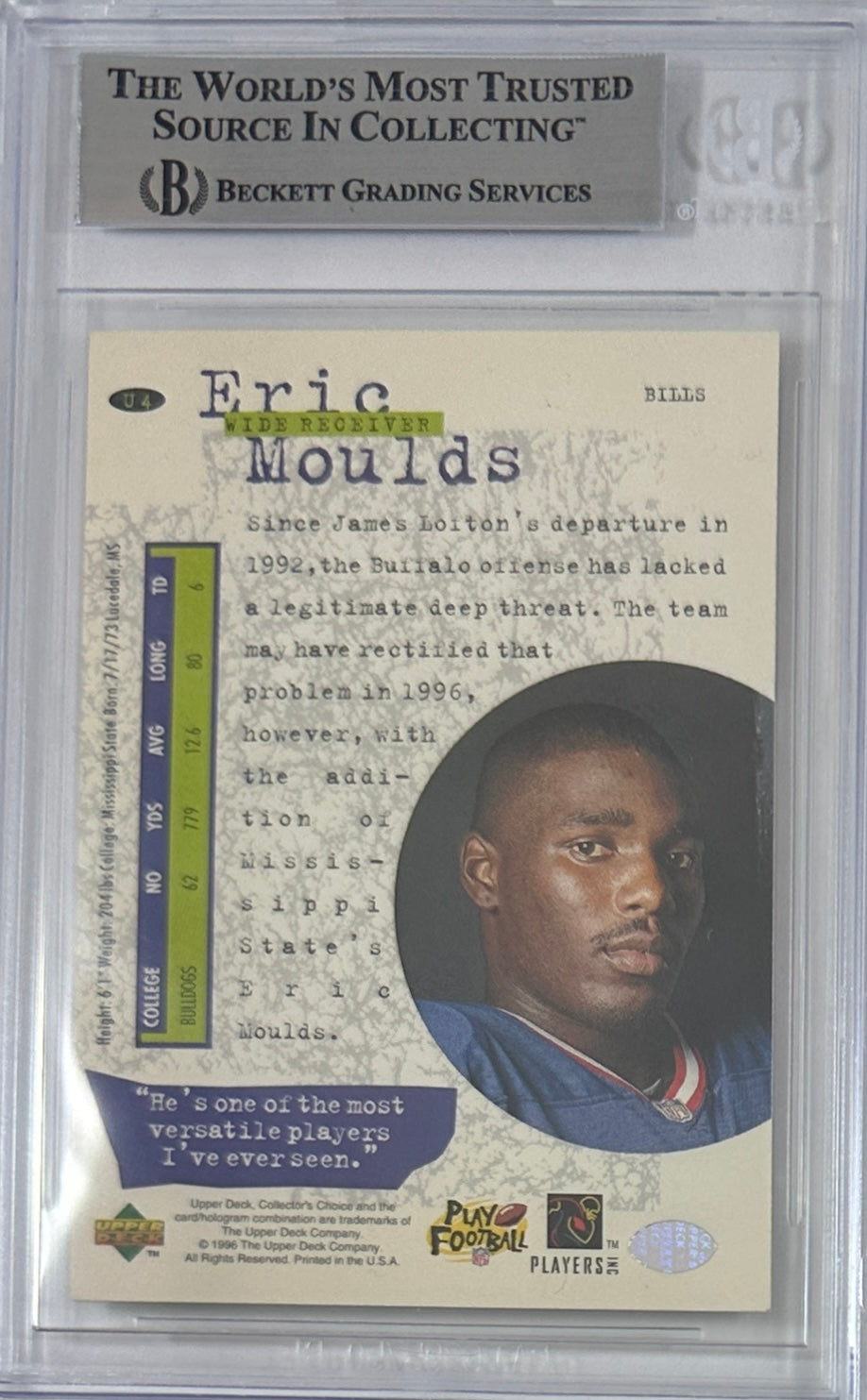 Eric Moulds autographed signed Upper Deck 1996 #U4 Buffalo Bills BAS Encap RC