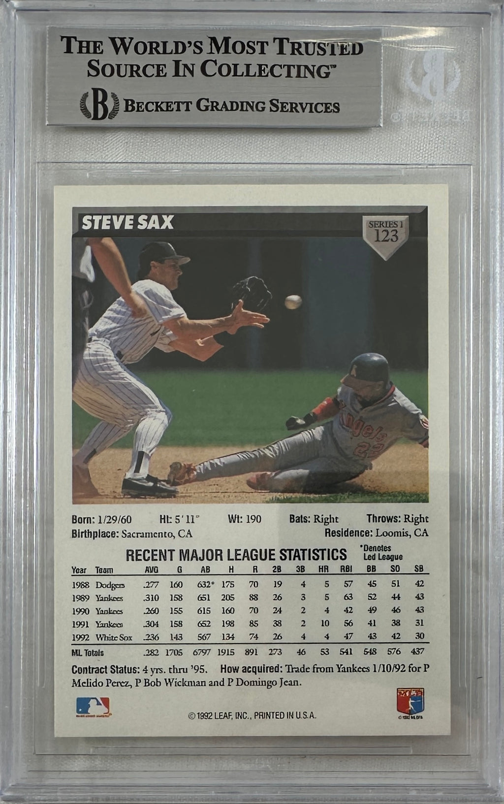 Steve Sax auto signed card 1992 Leaf 123 MLB White Sox BAS Encap