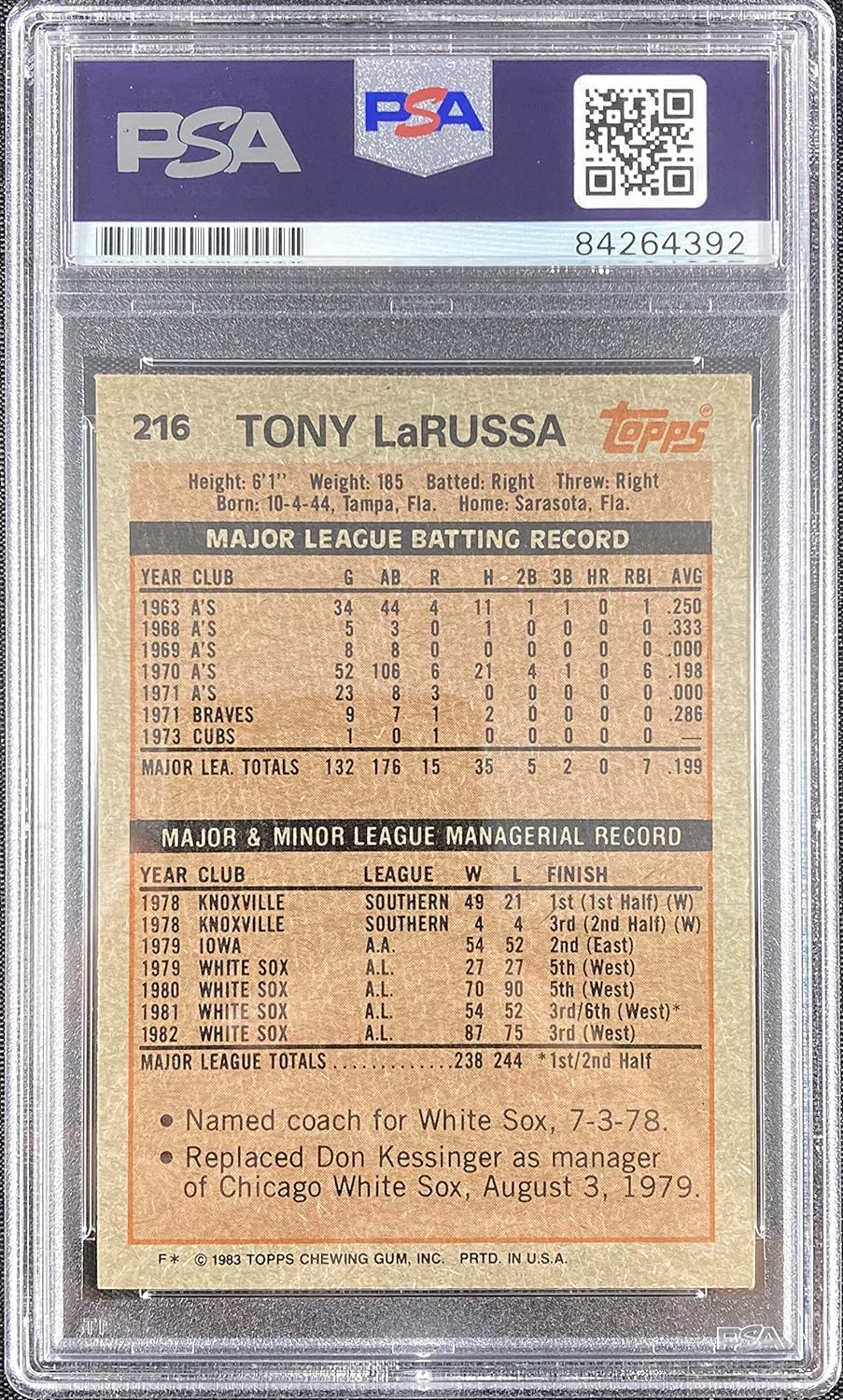 Tony LaRussa auto card 1983 Topps #216 Chicago White Sox PSA Encapsulated