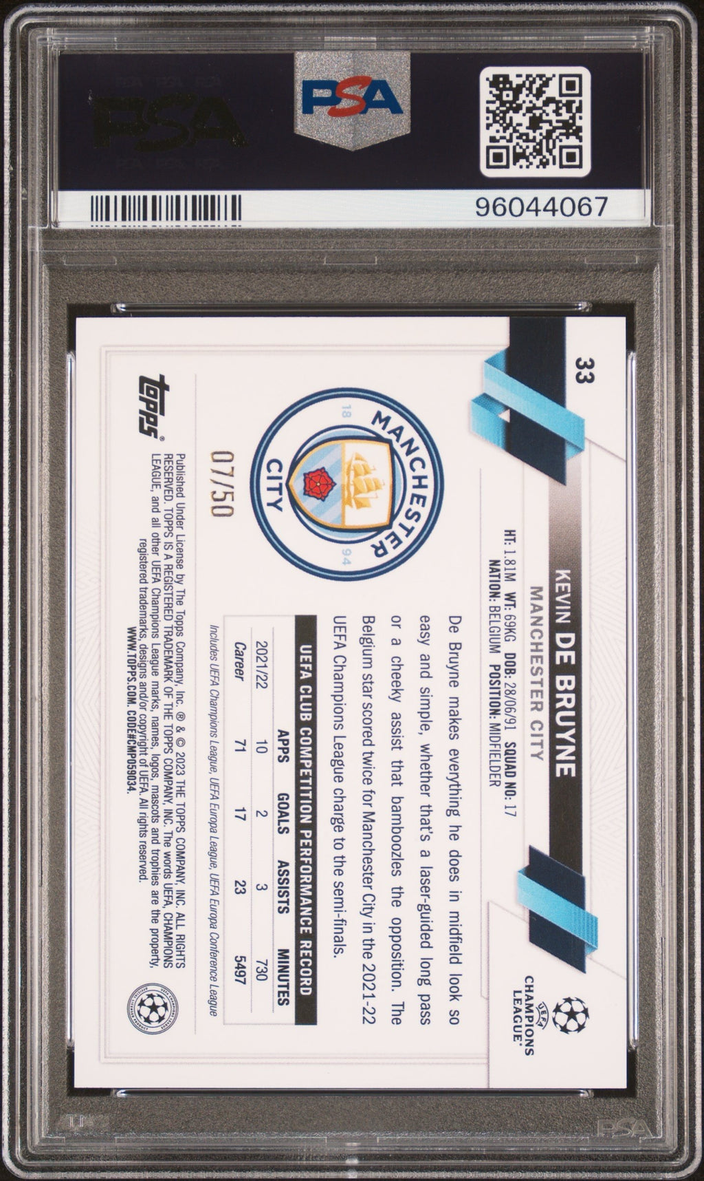 Kevin De Bruyne 2022-23 Topps Gold Foil PSA 10 /50 #33 UEFA