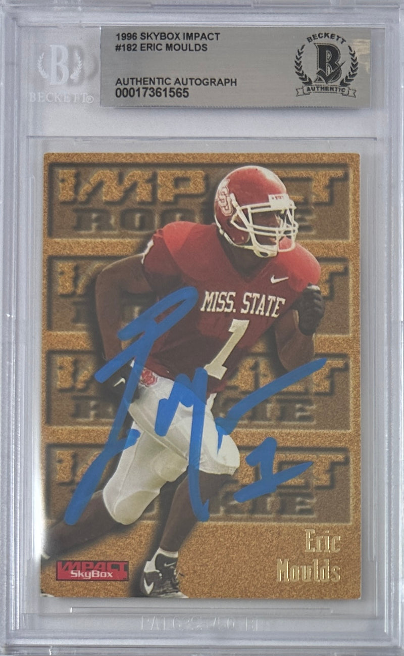 Eric Moulds autographed signed Skybox 1996 #182 Buffalo Bills BAS Encap RC