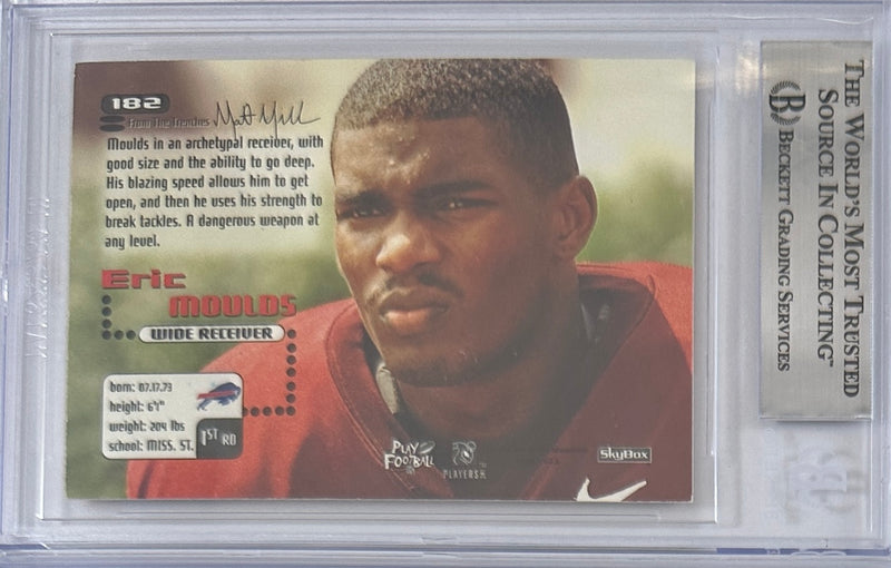 Eric Moulds autographed signed Skybox 1996 #182 Buffalo Bills BAS Encap RC