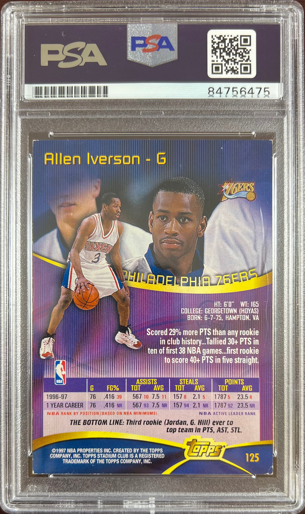 Allen Iverson auto card 1997 Topps Stadium Club Philadelphia 76ers PSA Encap