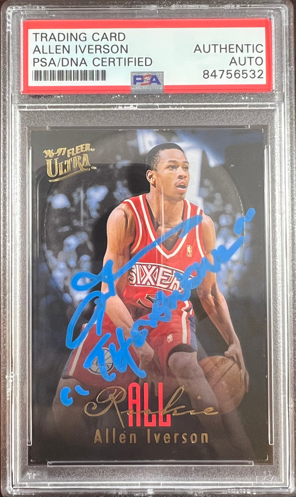 Allen Iverson auto inscribed RC 1997 Fleer Ultra #7 Philadelphia 76ers PSA Encap