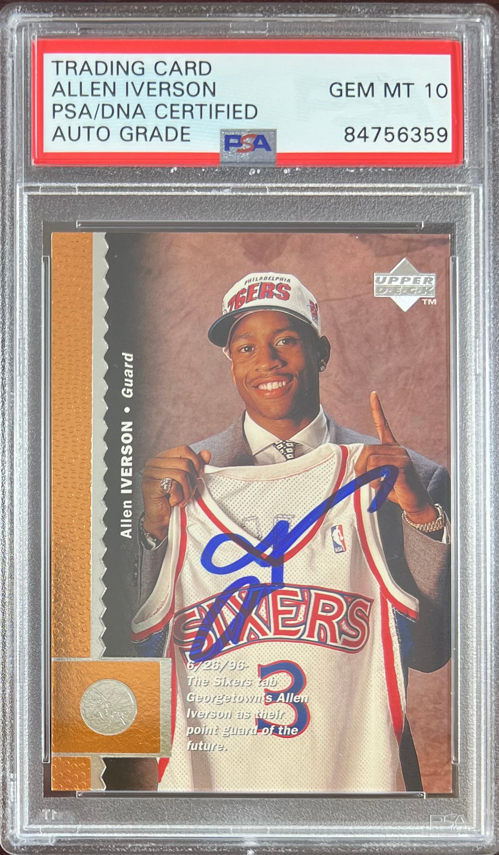 Allen Iverson auto RC 1996 Upper Deck #91 Philadelphia 76ers PSA Gem Mint 10