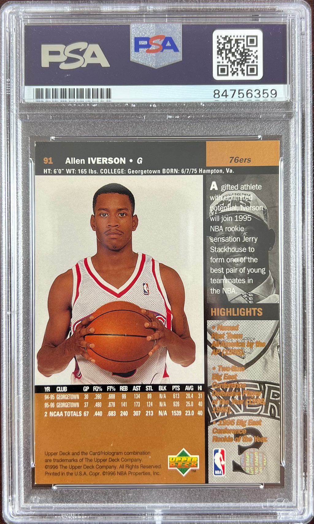 Allen Iverson auto RC 1996 Upper Deck #91 Philadelphia 76ers PSA Gem Mint 10