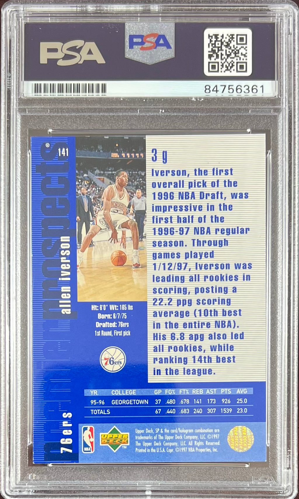 Allen Iverson auto RC 1997 Upper Deck SP #141 Philadelphia 76ers PSA Gem Mint 10