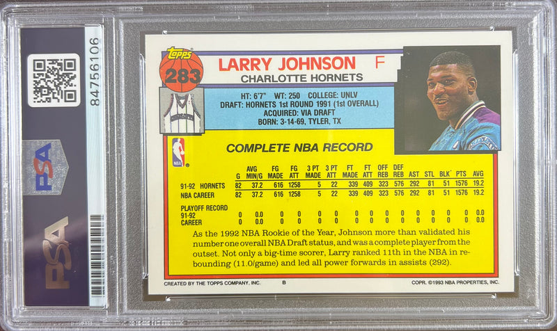 Larry Johnson auto 1993 Topps #283 card Charlotte Hornets PSA Encapsulated