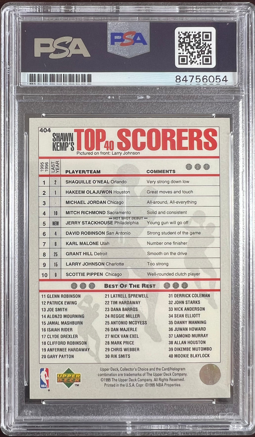 Larry Johnson auto 1995 Upper Deck #404 card Charlotte Hornets PSA Encapsulated