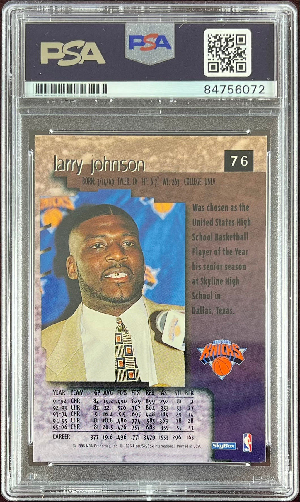 Larry Johnson auto 1996 SkyBox #76 card New York Knicks PSA Encapsulated