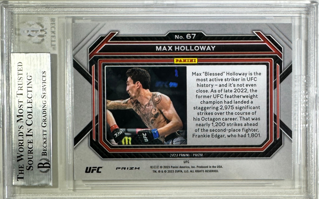 Max Holloway auto inscribed 2023 Panini Prizm card #67 UFC BAS Encapsulated
