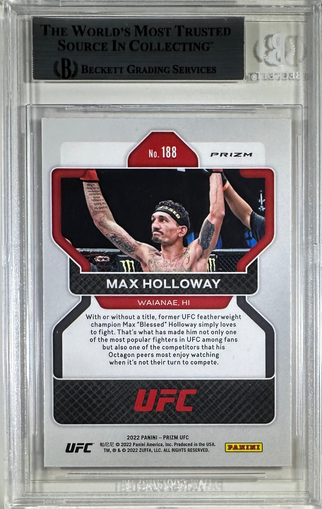 Max Holloway auto inscribed 2022 Panini Prizm card #188 UFC BAS Encapsulated