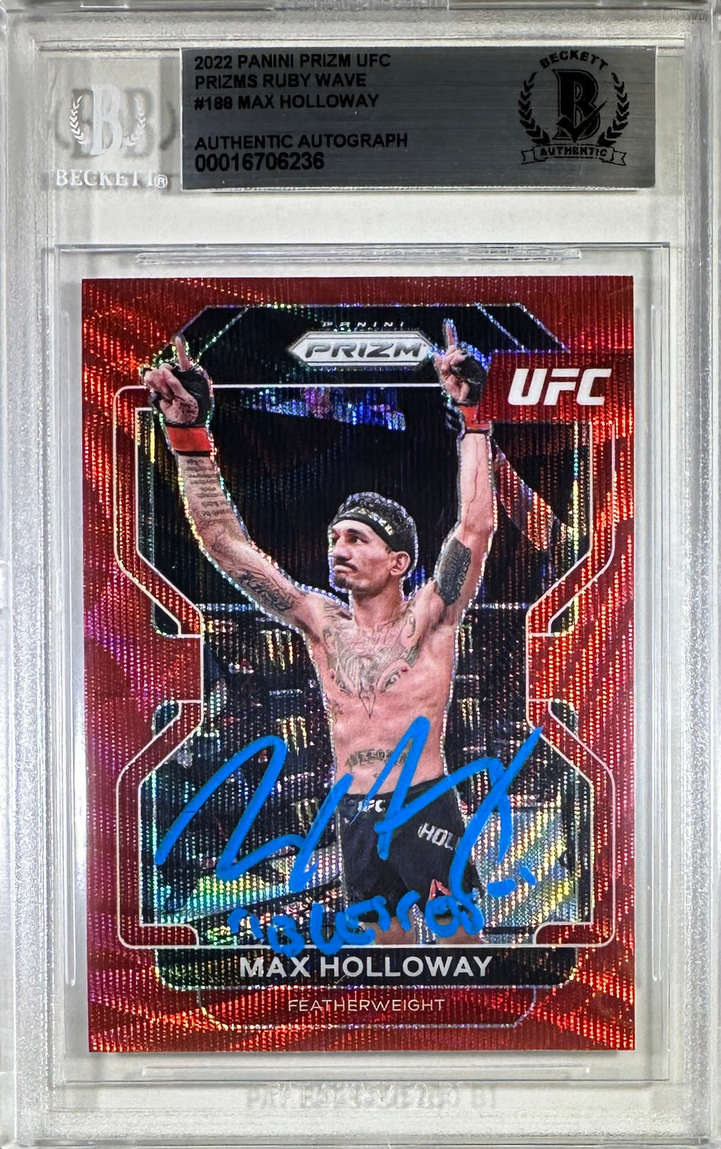 Max Holloway auto inscribed 2022 Panini Prizm card #188 UFC BAS Encapsulated