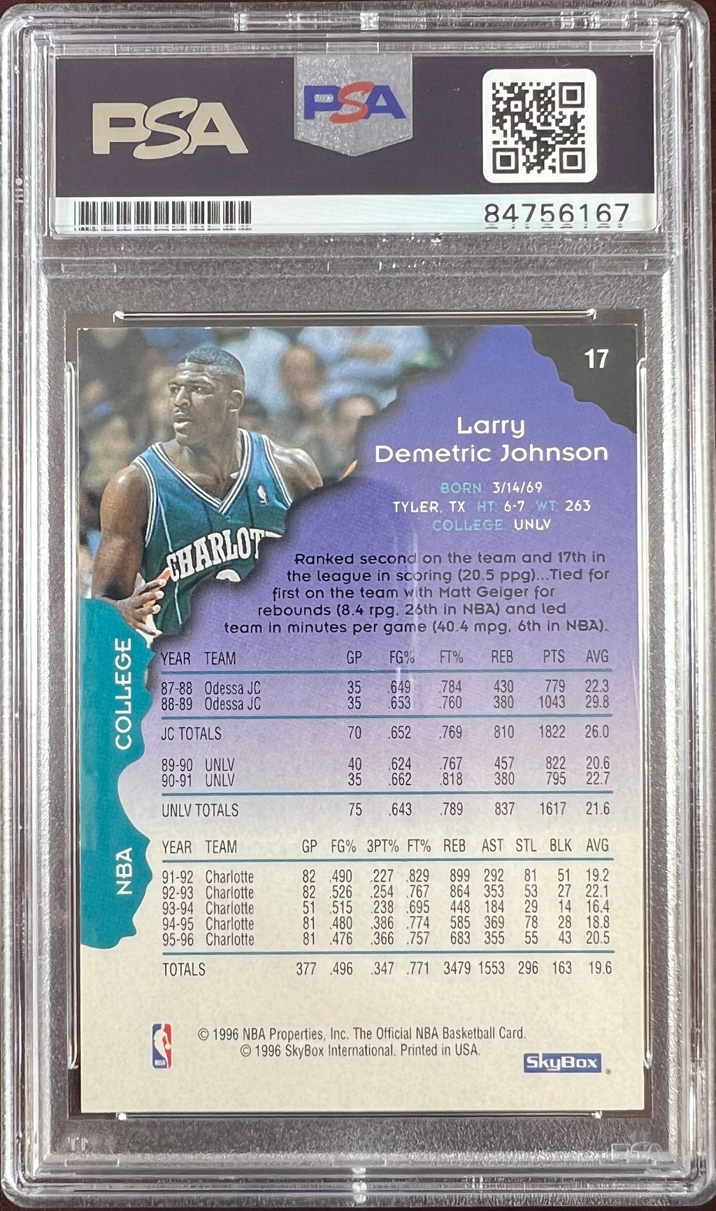 Larry Johnson auto 1996 NBA Hoops #17 card Charlotte Hornets PSA Encapsulated