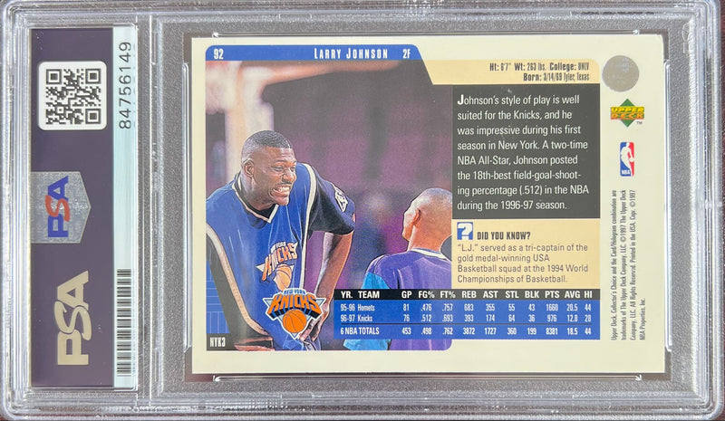 Larry Johnson auto 1997 Upper Deck #92 card New York Knicks PSA Encapsulated