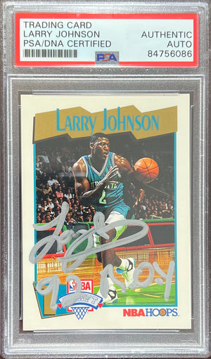 Larry Johnson auto inscribed 1991 NBA Hoops RC #546 Charlotte Hornets PSA Encap