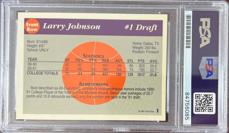 Larry Johnson auto inscribed 1991 Front Row RC #1 UNLV PSA Encapsulated