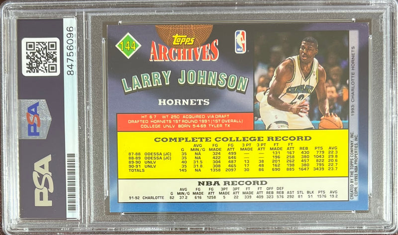 Larry Johnson auto inscribed 1993 Topps #144 card Charlotte Hornets PSA Encap