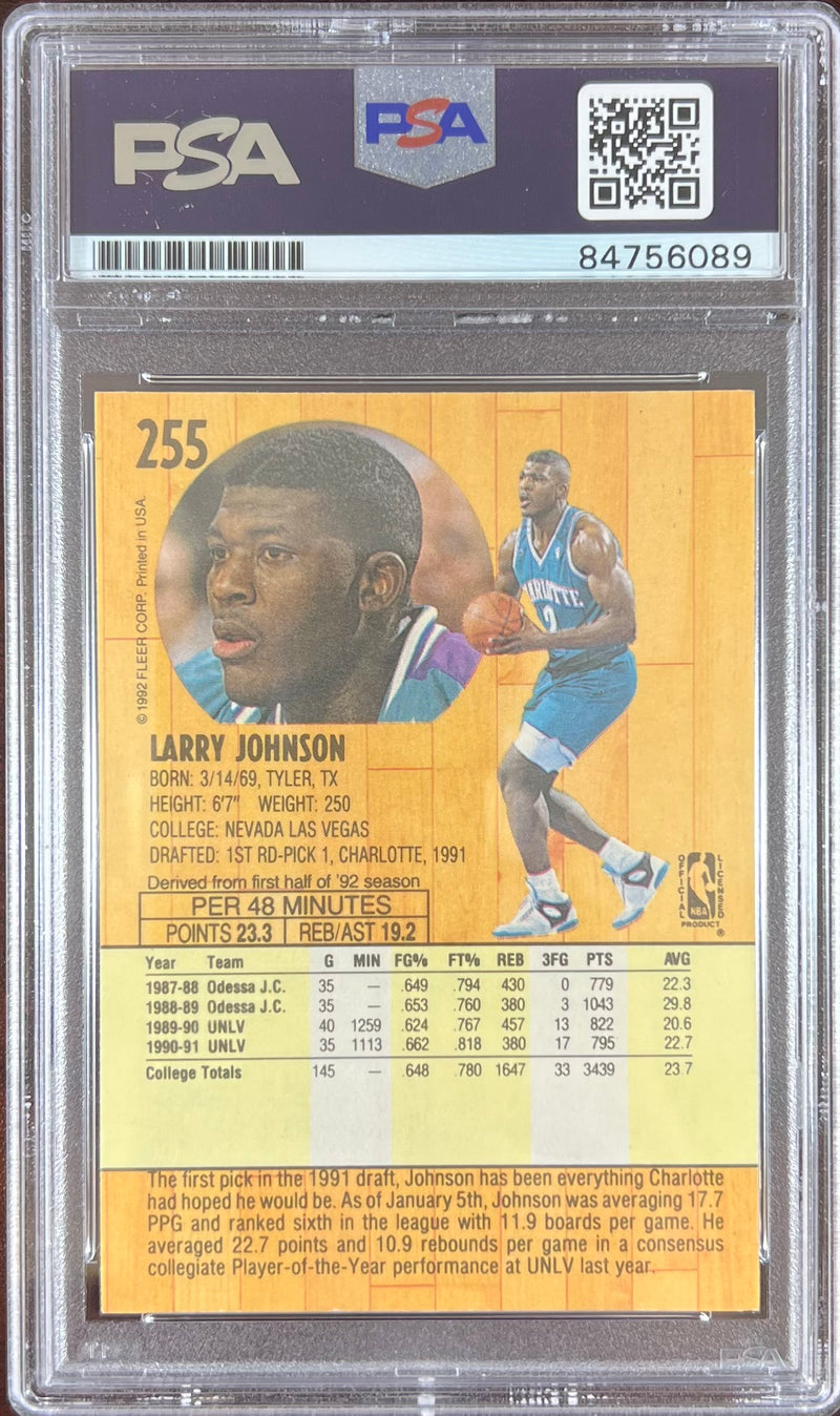 Larry Johnson auto inscribed 1992 Fleer RC #255 Charlotte Hornets PSA Encap