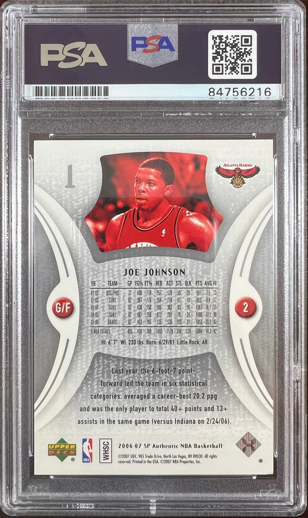 Joe Johnson auto 2007 Upper Deck #1 card Atlanta Hawks PSA Encapsulated