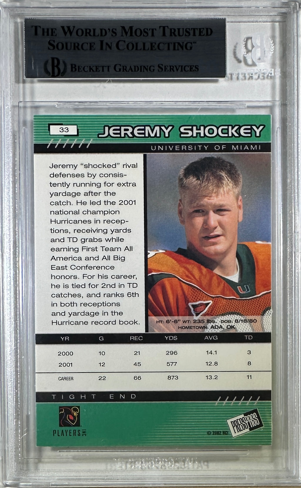 Jeremy Shockey auto Press Pass 2002 #33 card New York Giants BAS Encap RC