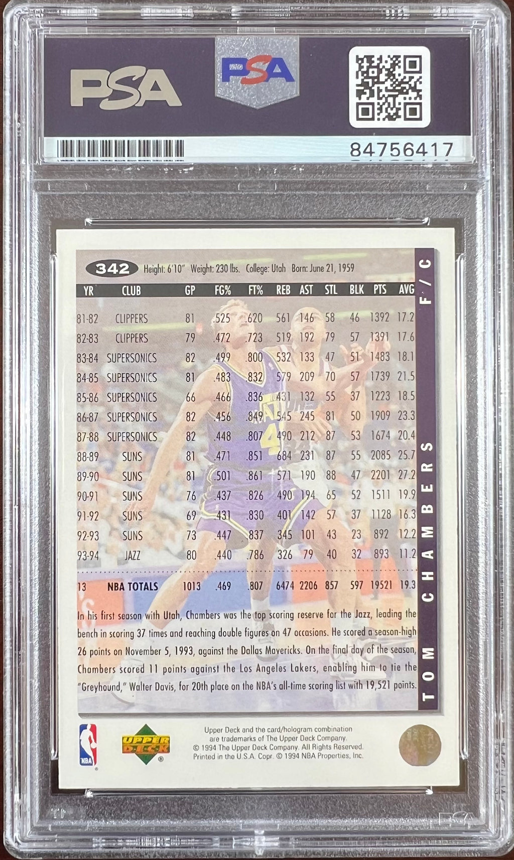 Tom Chambers auto 1994 Upper Deck #342 card Utah Jazz PSA Encapsulated