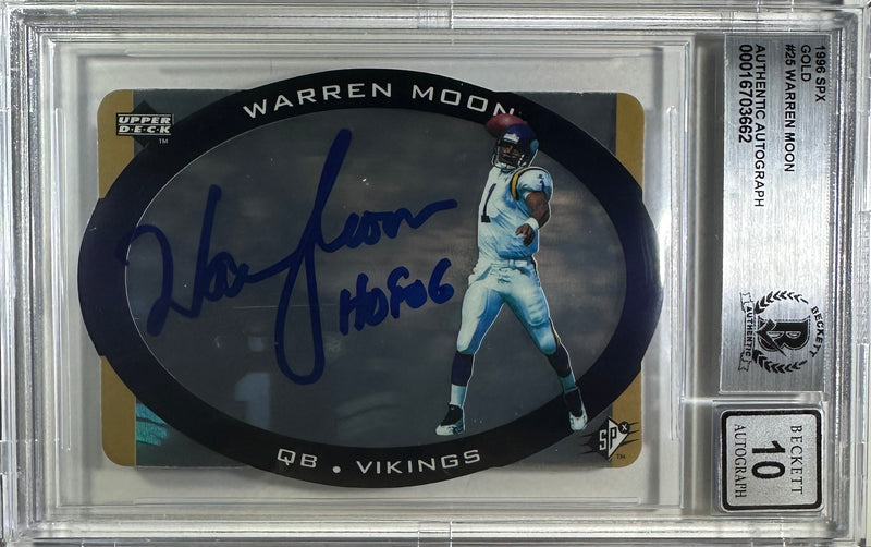 Warren Moon auto insc card 1996 UP SPX #25 NFL Vikings BAS Encap auto 10