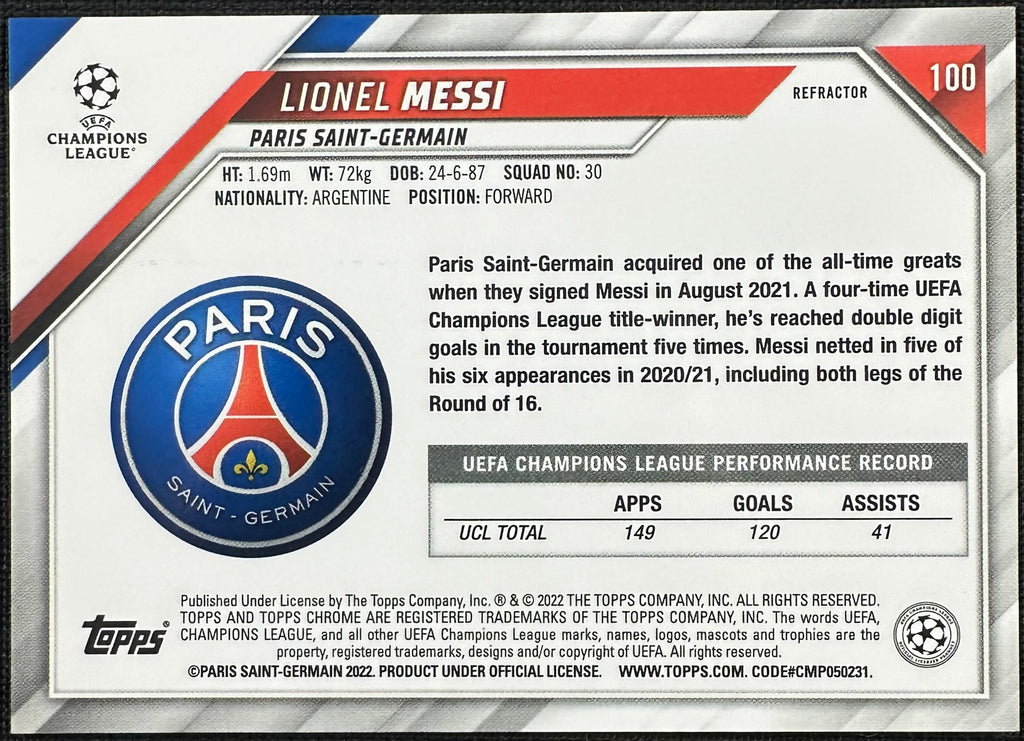 Lionel Messi Topps Chrome Sliver #100 2022 UEFA PSG