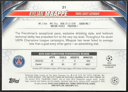 Kylian Mbappe 2023-24 Topps Chrome Night Vision Ray Wave #21 /225