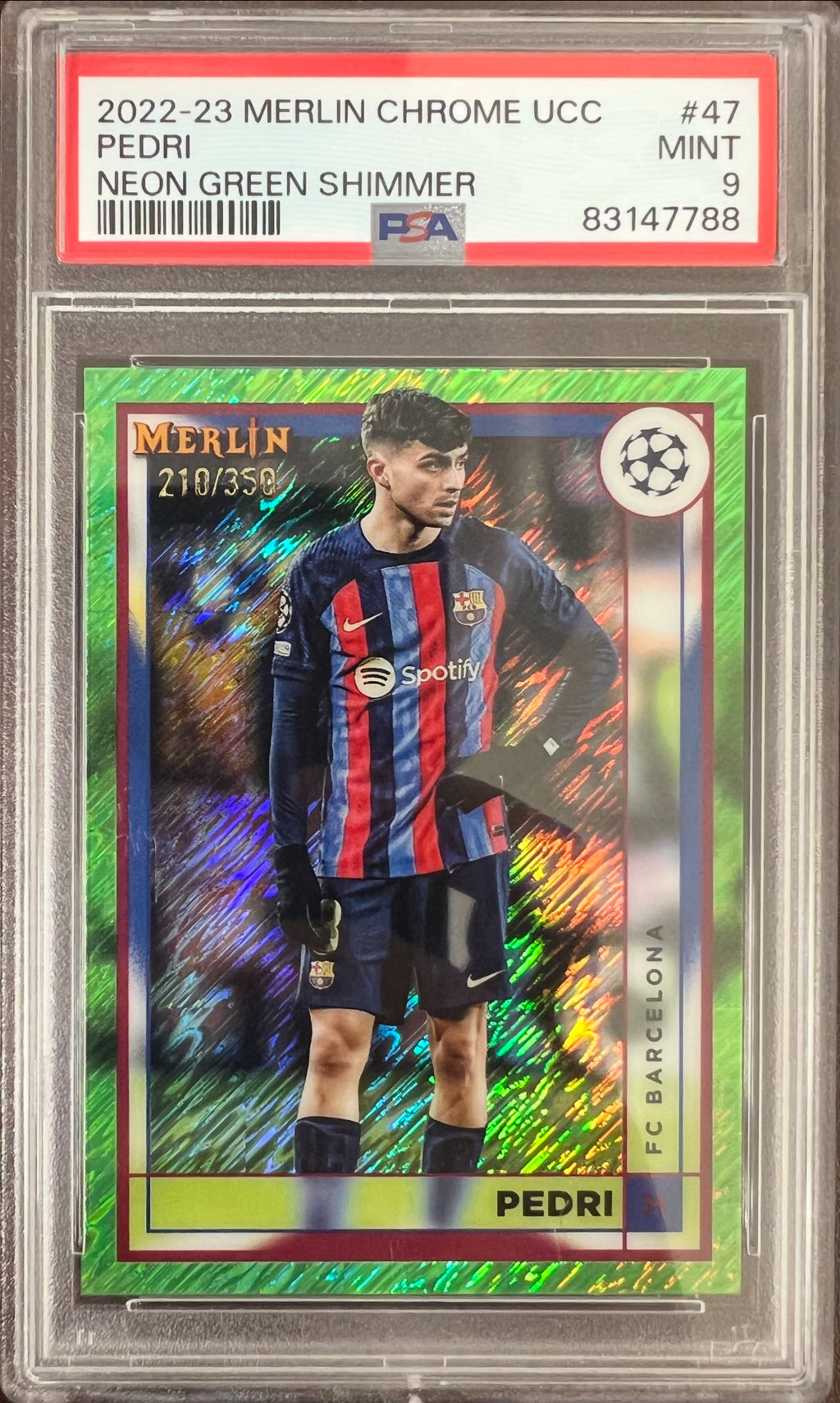 Pedri 2022-23 Topps Merlin Chrome Neon Green Shimmer /350 PSA 9 #47