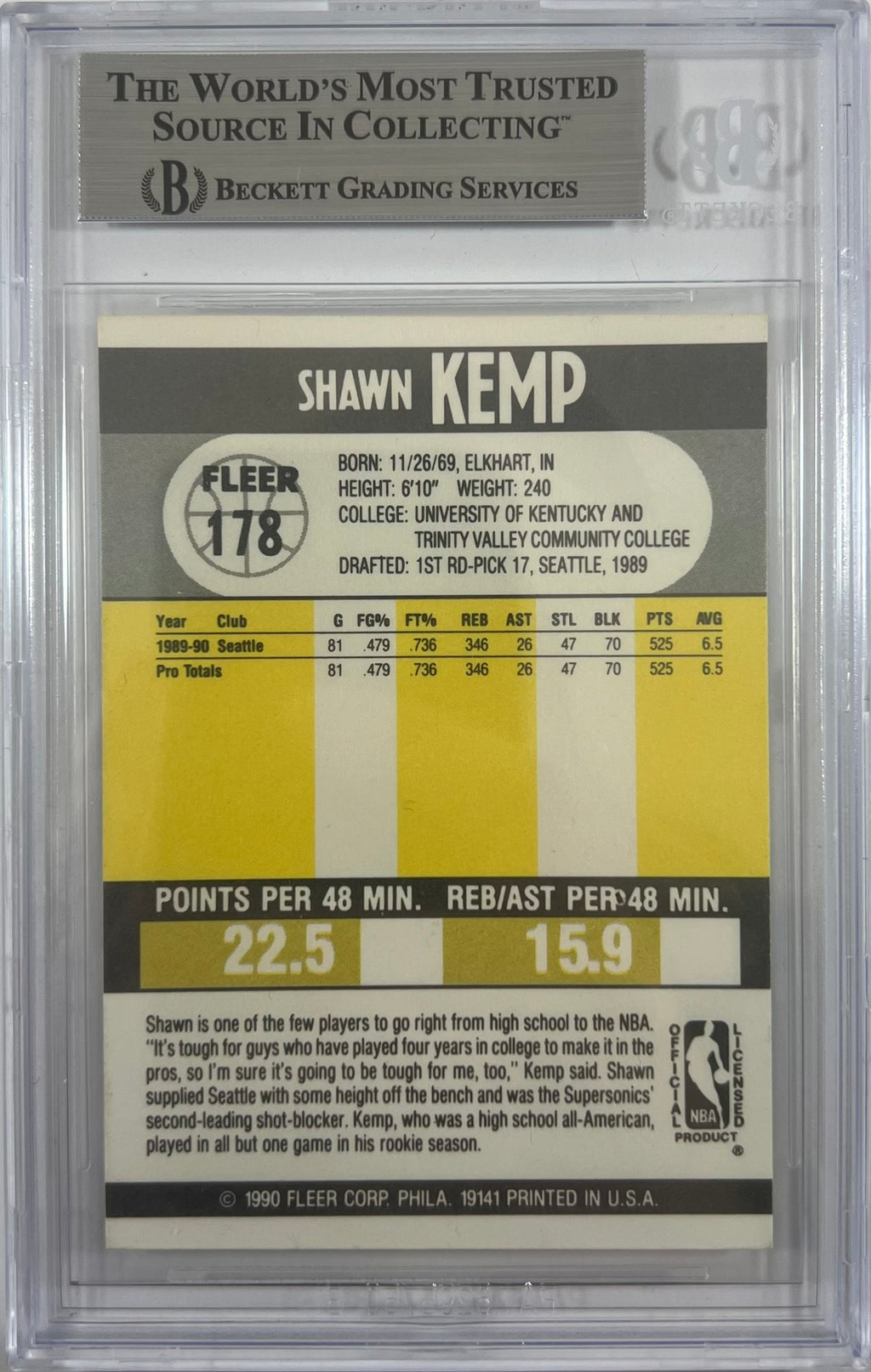 Shawn Kemp auto signed RC 1990 Fleer #178 Seattle Supersonics PSA Encapsulated