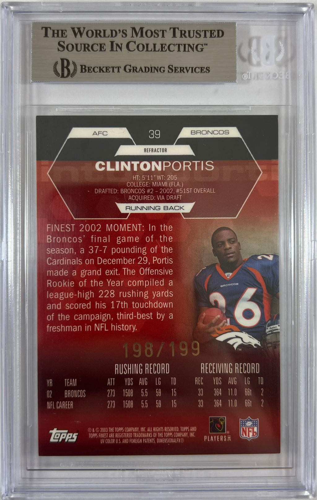 Clinton Portis auto signed Topps 2003 #198/199 Denver Broncos BAS Encap
