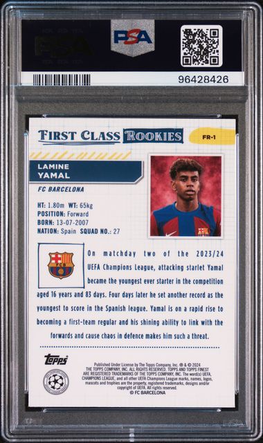 Lamine Yamal 2023-24 Topps Finest RC First Class UEFA PSA 9 Club Competitions