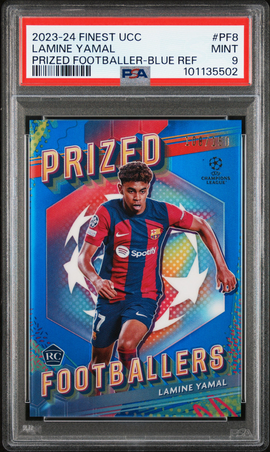 Lamine Yamal RC 2023-24 Topps Finest Blue Refractor PSA 9 /150 UEFA #PF-8