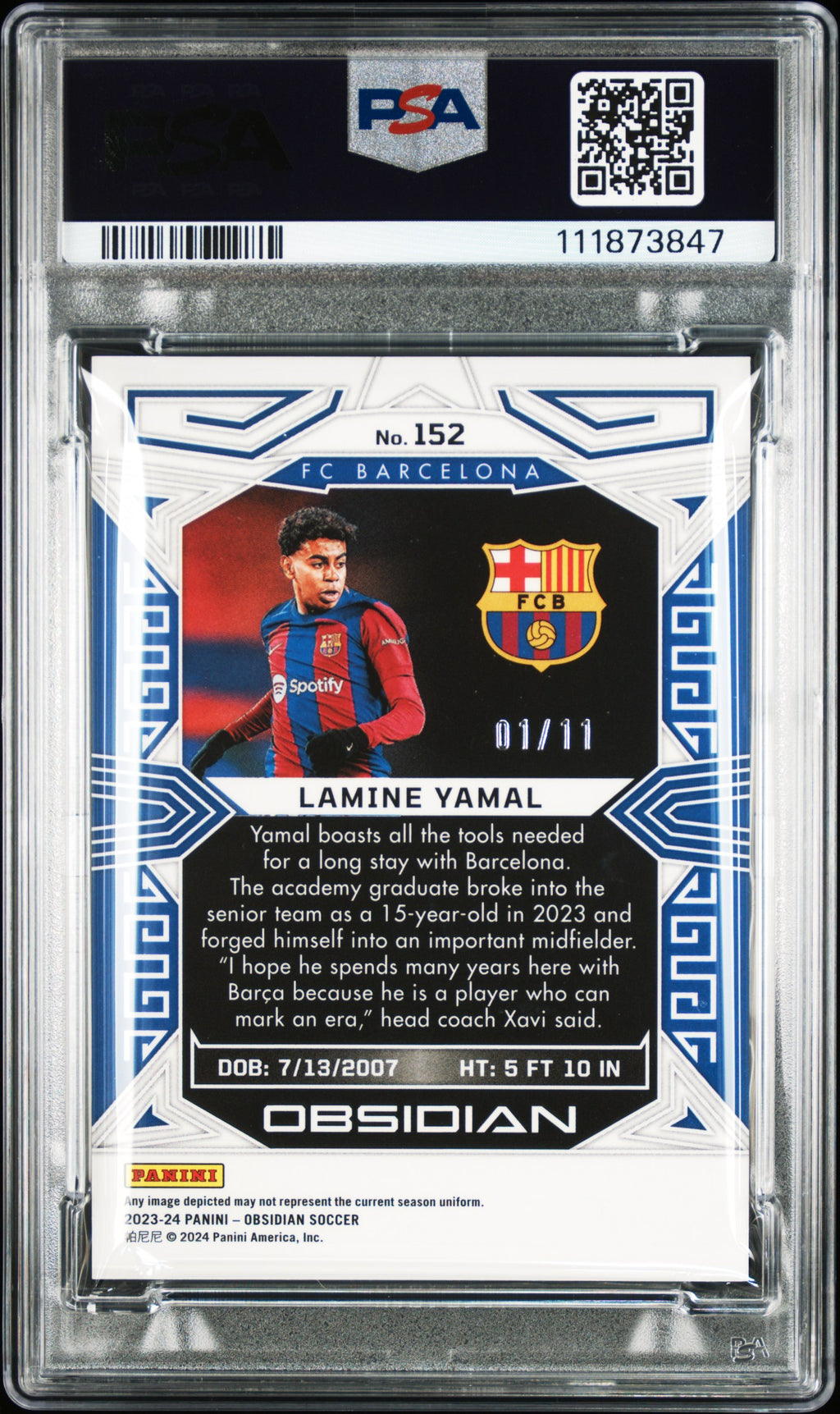 Lamine Yamal RC 2023 Panini Obsidian #152 Electirc Etch White Pulsar