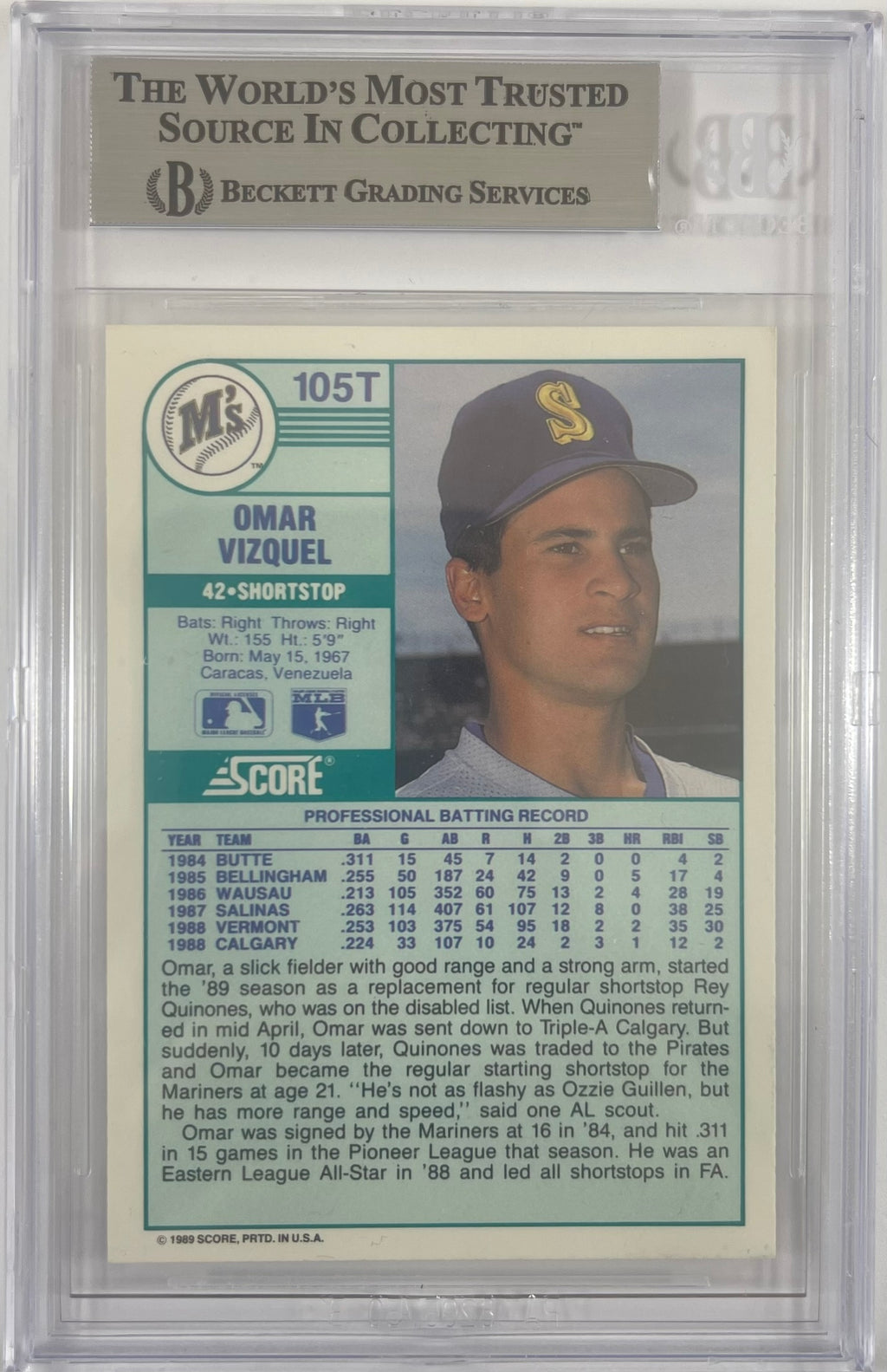 Omar Vizquel autographed signed card 1989 Score MLB Seattle Mariners BAS Encap