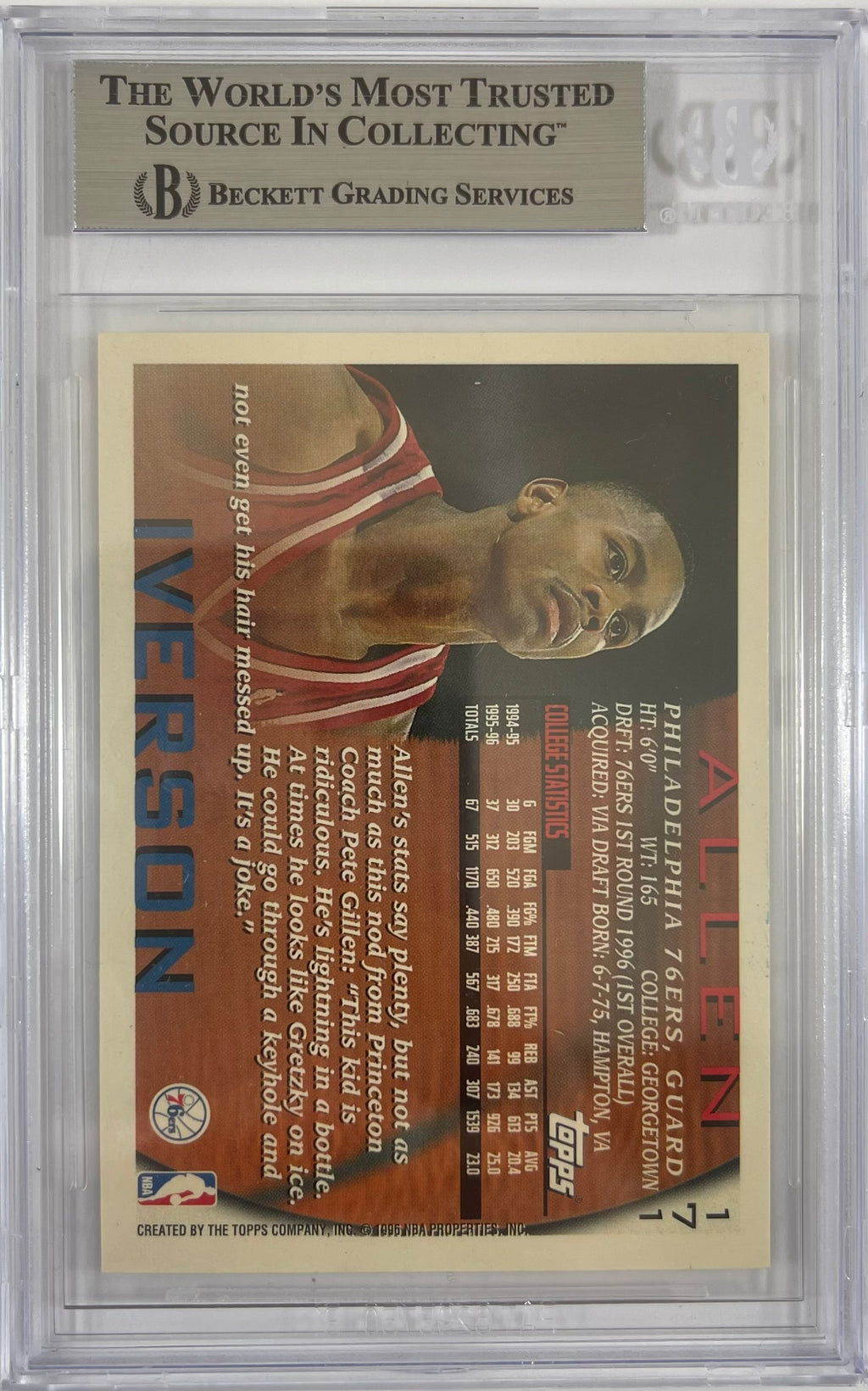 Allen Iverson auto signed Topps 1996 #171 Philadelphia 76ers BAS RC