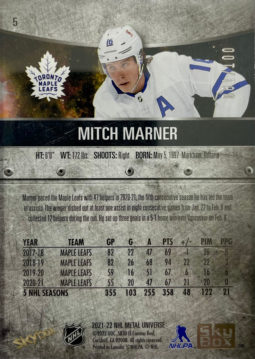 Mitch Marner 2022 Skybox #5 card 61/100 NHL Toronto Maple Leafs