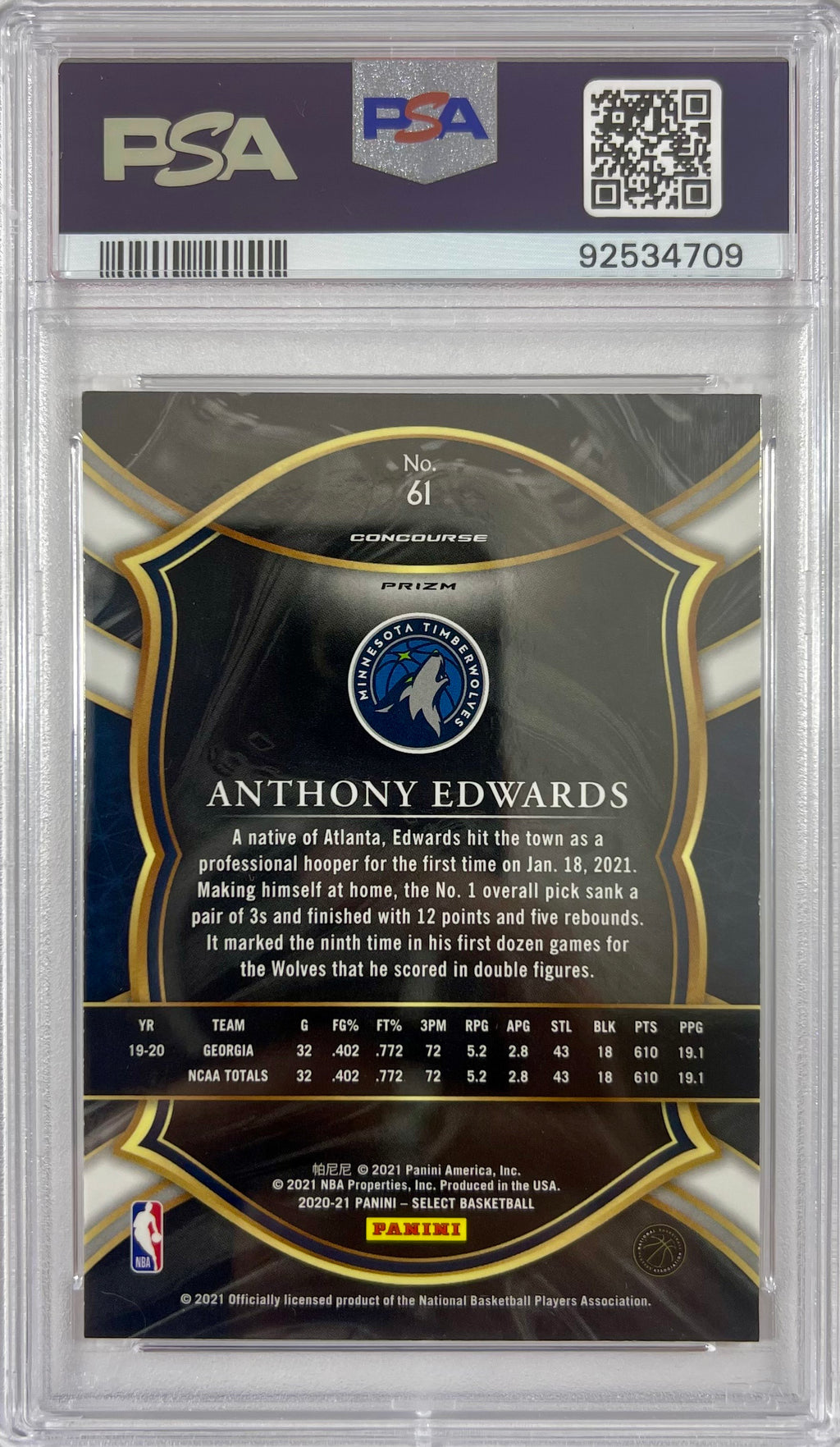 Anthony Edwards card 2021 Panini RC #61 NBA Georgia Bulldogs PSA Encap GM 10