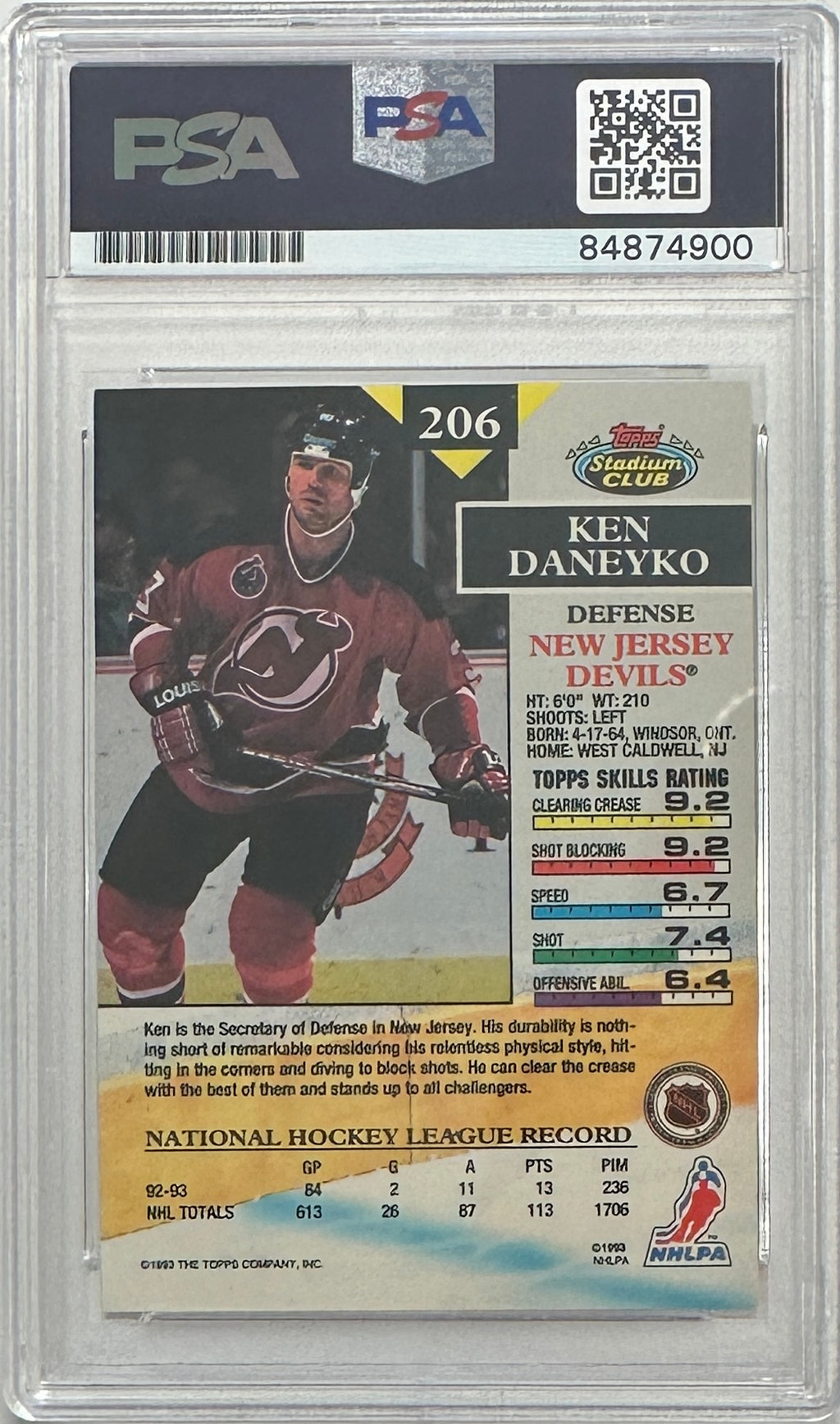 Ken Daneyko auto insc 1992 Topps Stadium Club #206 card PSA Encapsulated Devils