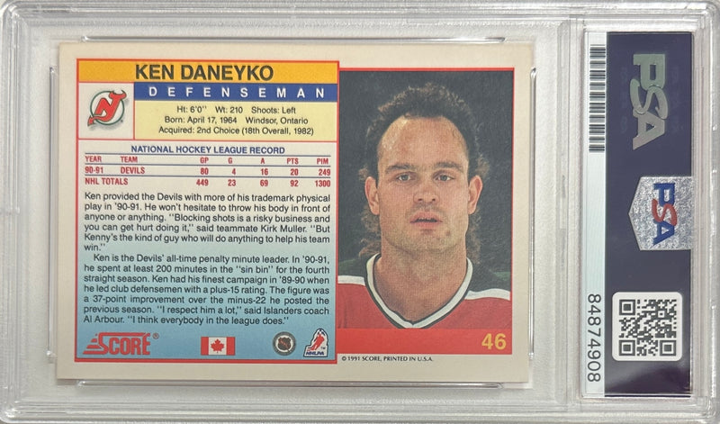 Ken Daneyko auto insc 1991 Score #46 card PSA Encapsulated New Jersey Devils