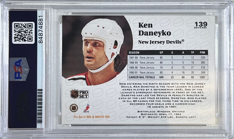 Ken Daneyko auto insc 1991 Pro Set card #139 PSA Encapsulated New Jersey Devils