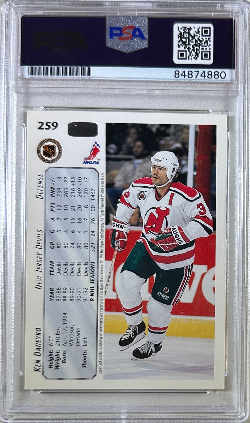 Ken Daneyko auto insc 1992 Upper Deck card PSA Encapsulated New Jersey Devils