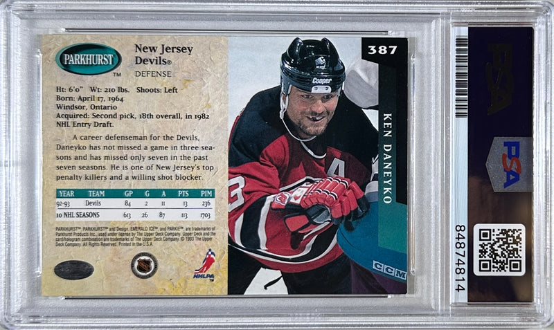 Ken Daneyko auto card 1993 Parkhurst #387 PSA Encapsulated New Jersey Devils