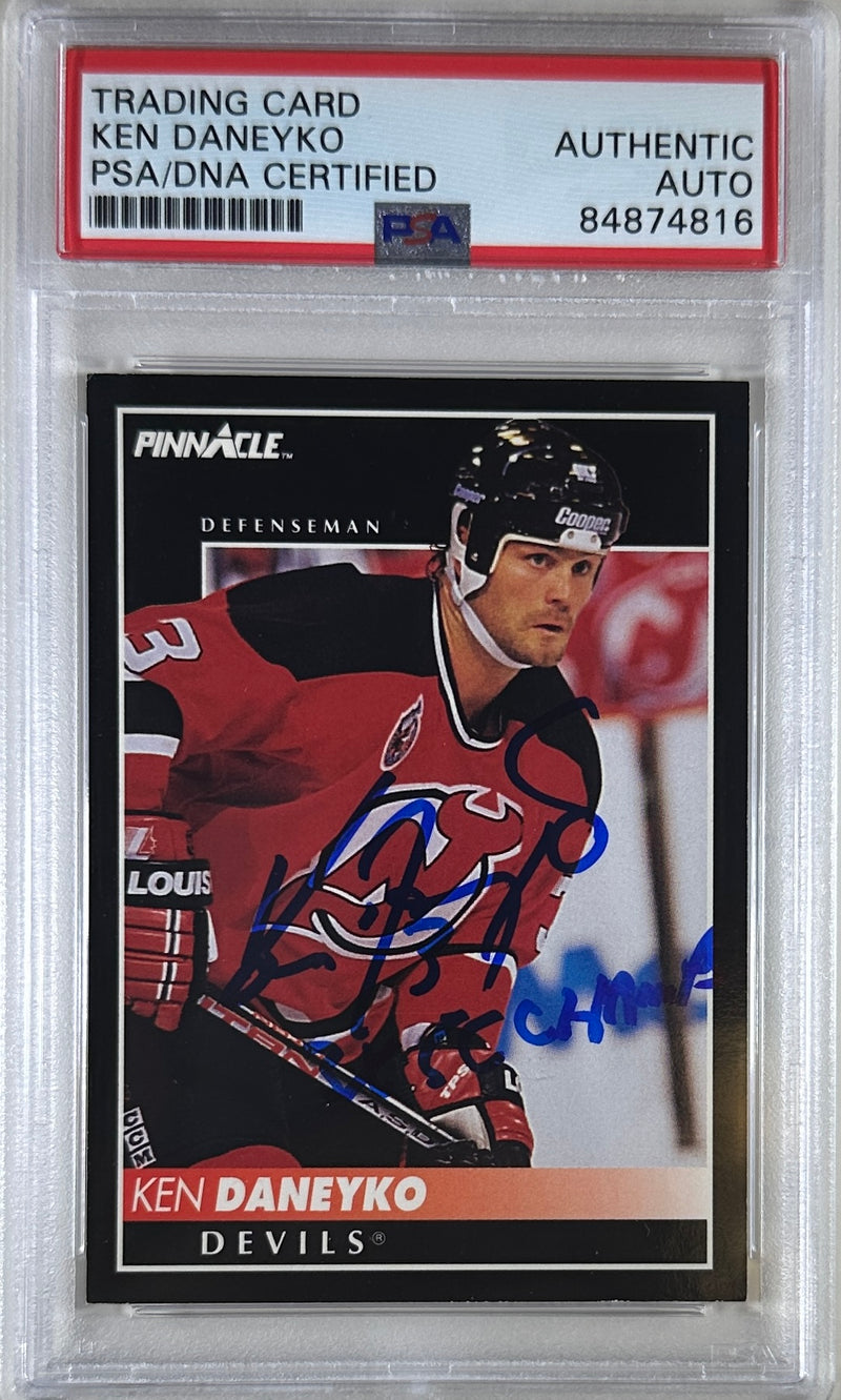 Ken Daneyko auto insc 1992 Pinnacle card PSA Encapsulated New Jersey Devils