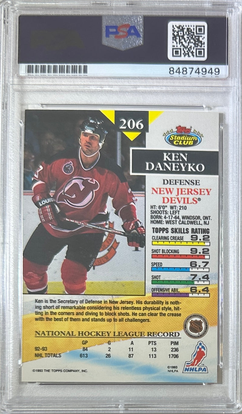 Ken Daneyko auto insc 1992 Topps Stadium Club #206 card PSA Encapsulated Devils