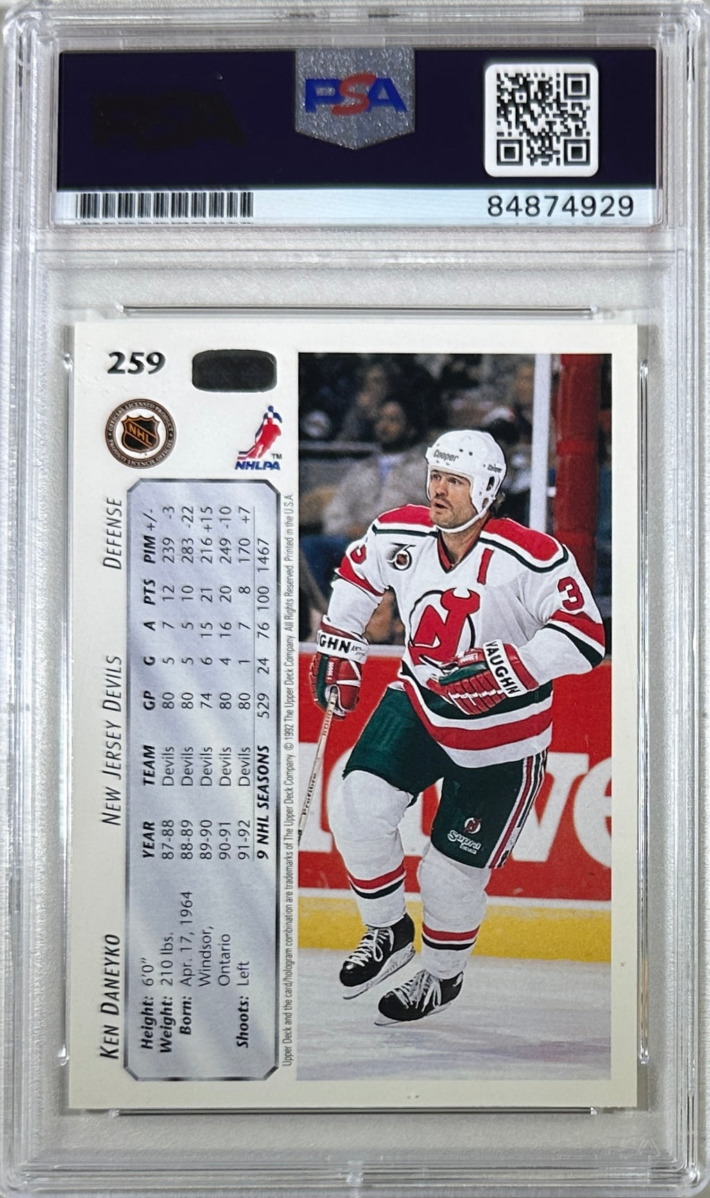 Ken Daneyko auto insc 1992 Upper Deck card PSA Encapsulated New Jersey Devils