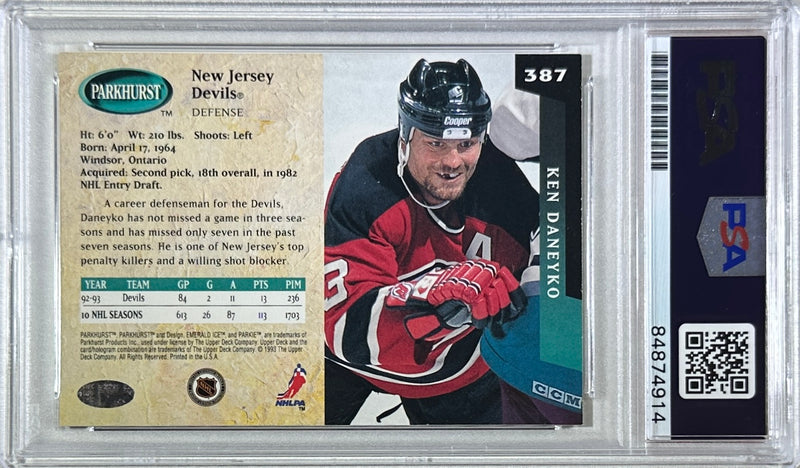 Ken Daneyko auto card 1993 Parkhurst #387 PSA Encapsulated New Jersey Devils