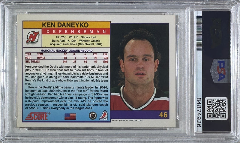 Ken Daneyko auto insc 1991 Score #46 card PSA Encapsulated New Jersey Devils